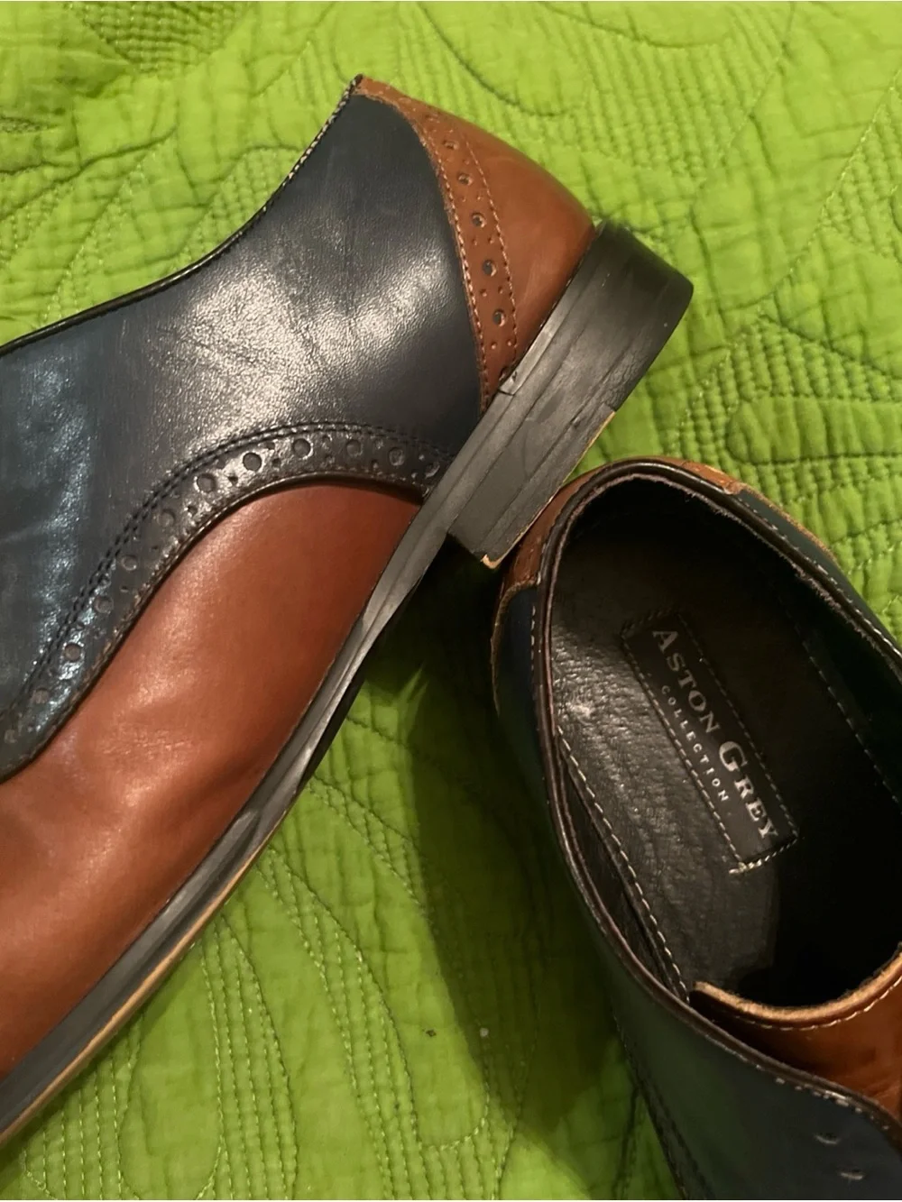 Aston Grey Drake Men’s Two-Tone Brown and Navy Leather Oxfords Sz 9.5 Pre-owned